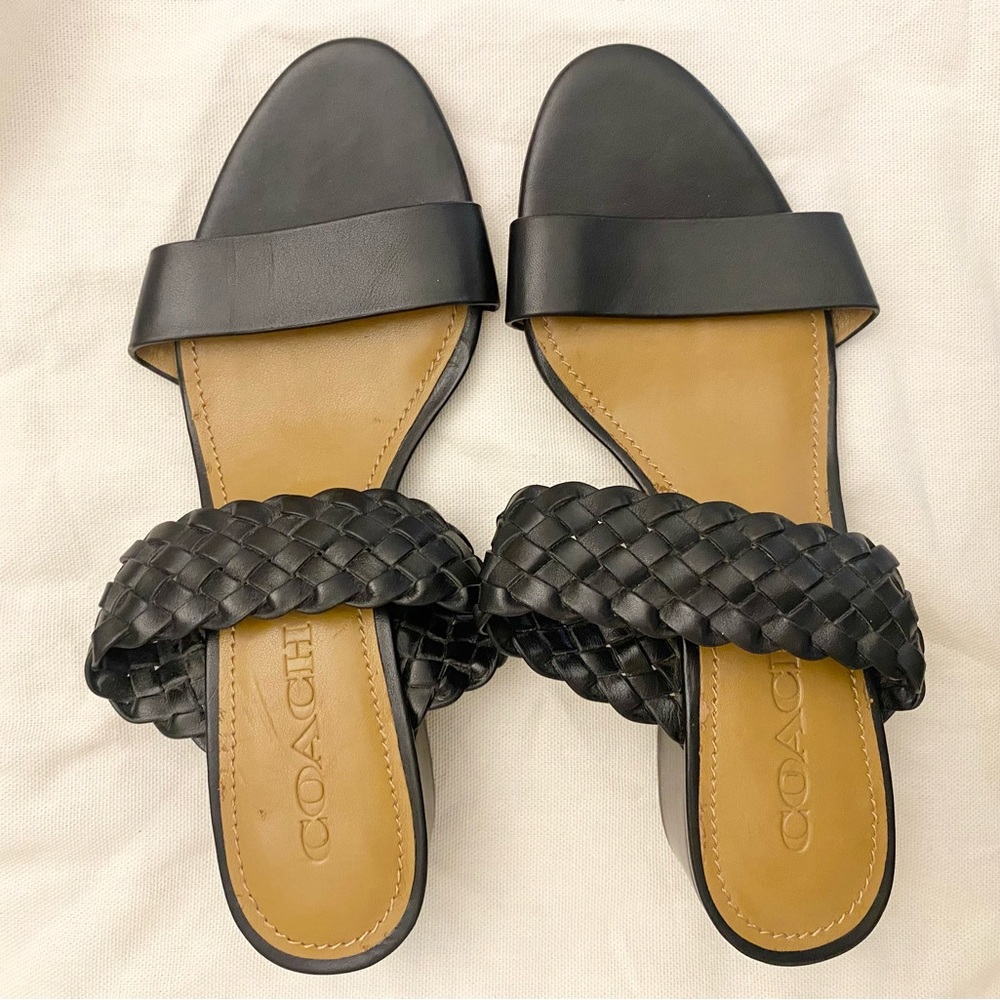 Coach Women's Black Leather Block Slide Sandals